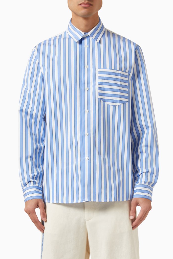 

Patchwork Striped Shirt in Cotton, Blue