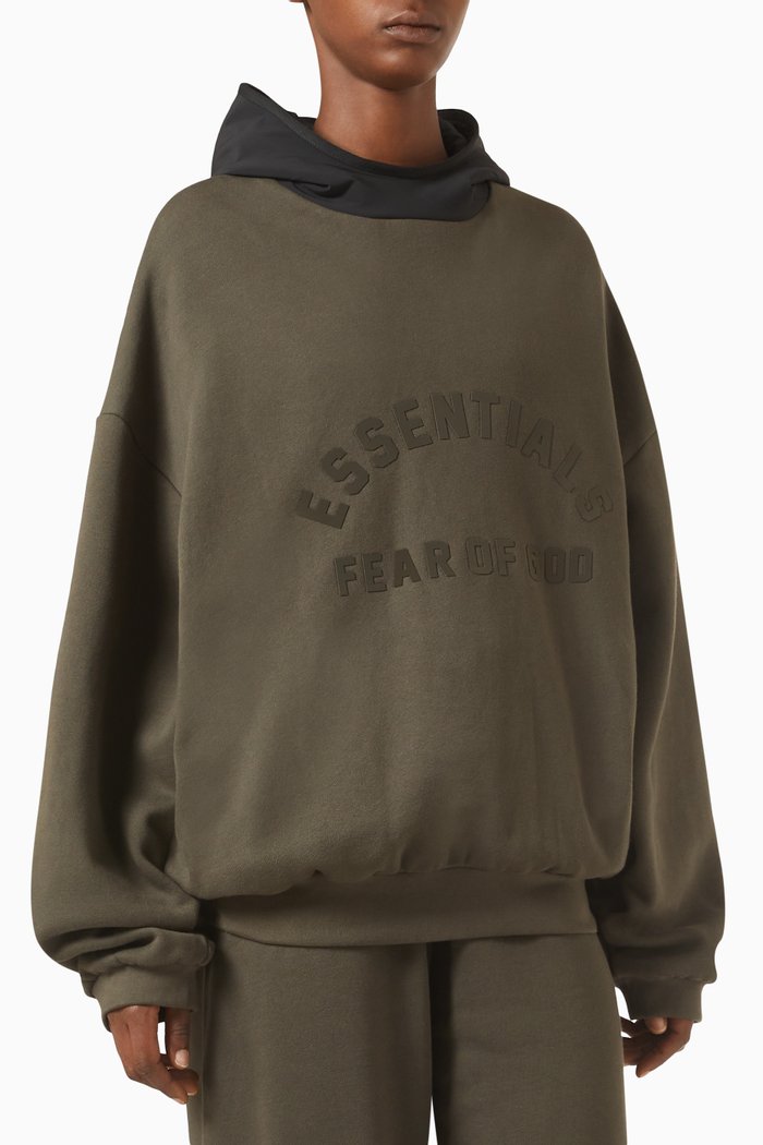 

Mockneck Hoodie in Stretch-nylon & Cotton-fleece, Black