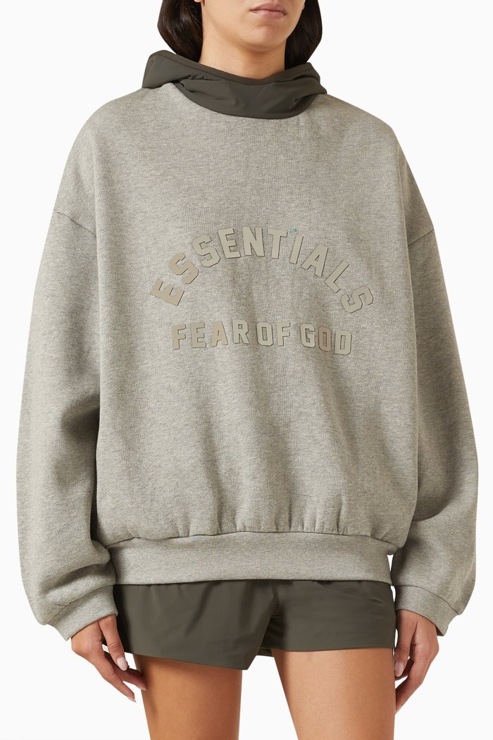 

Mockneck Hoodie in Stretch-nylon & Cotton-fleece, Grey