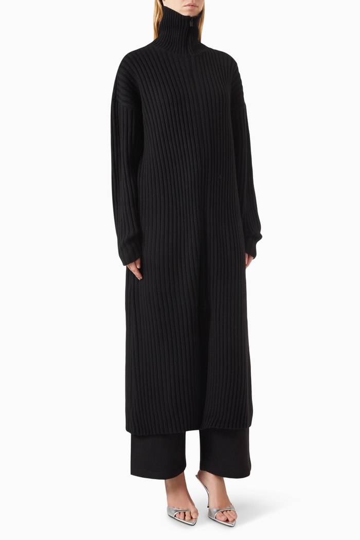 

Full-zip Ribbed Cardigan in Wool-blend Knit, Black