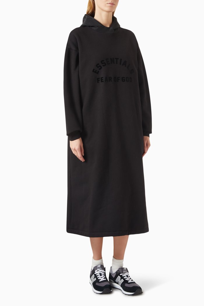 

Nylon Hooded Midi Dress in Fleece, Black