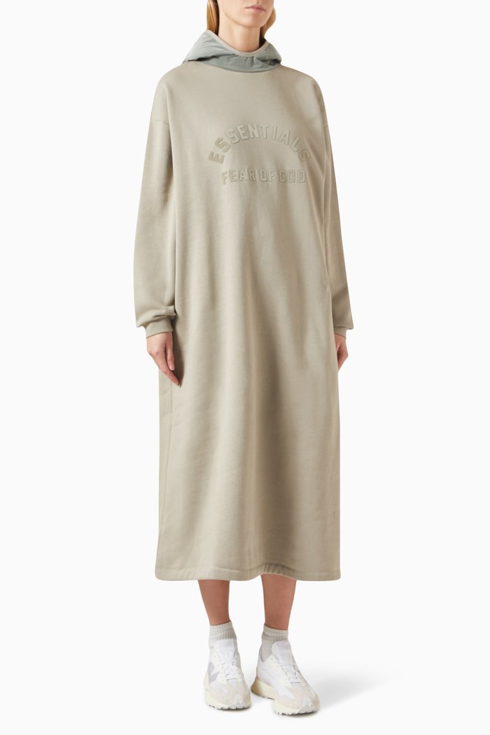 

Nylon Hooded Midi Dress in Fleece, Grey