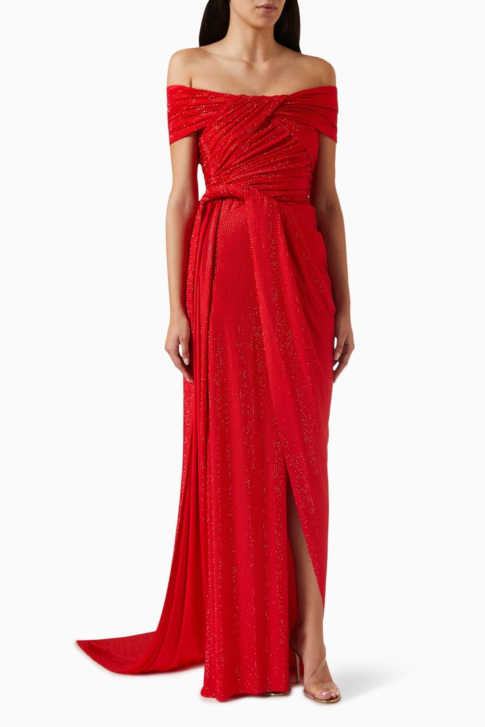 

Diamanté Strapless Draped Dress, Red