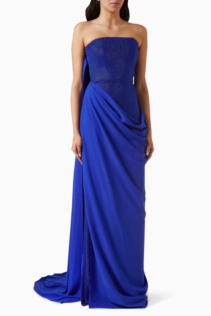 

Embellished Strapless Draped Dress, Blue