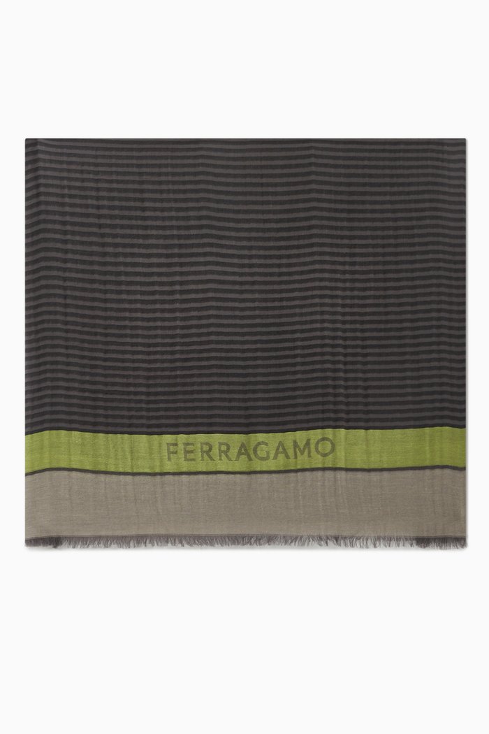 Striped Logo Scarf in Wool Blend, Grey