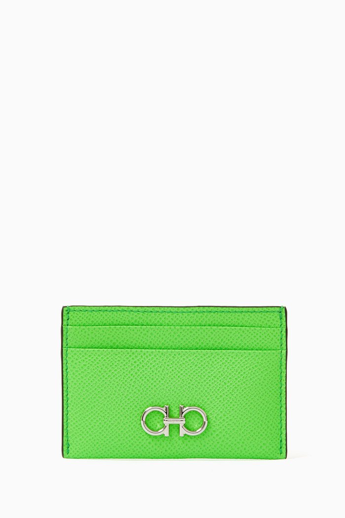 

Gancini Card Holder in Hammered Leather, Green