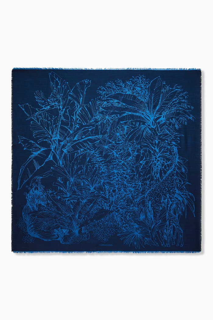

Jungle-print Double Face Shawl in Silk & Wool, Blue