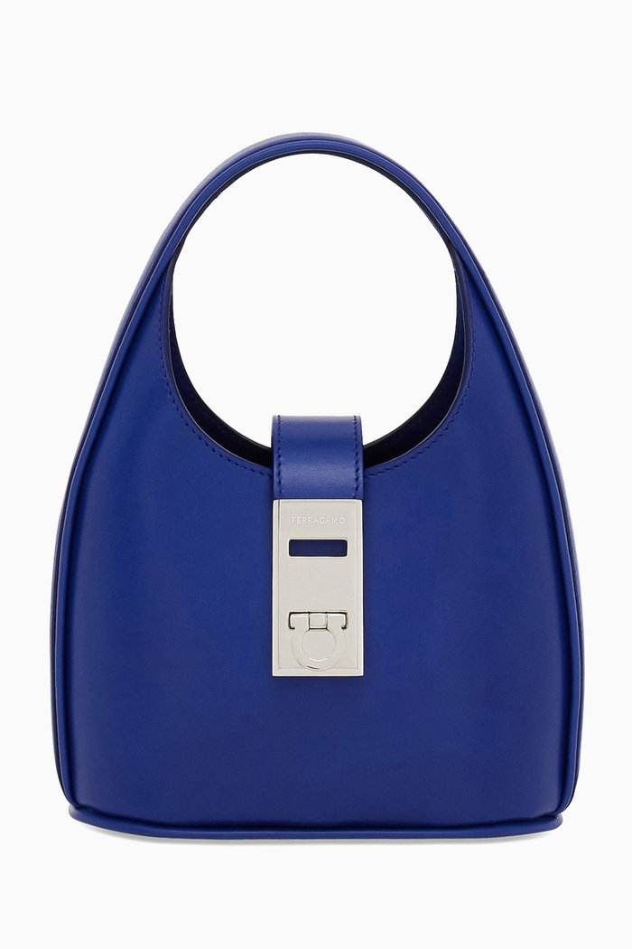 

Mini Gancini Hobo Bag in Calfskin Leather, Blue