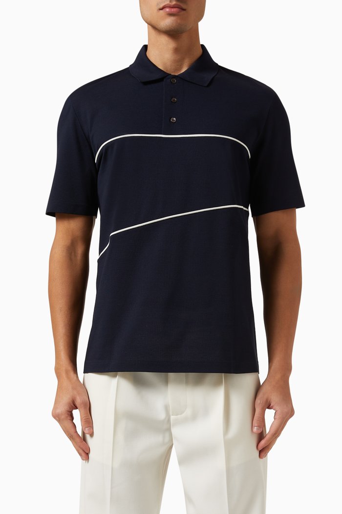 Contrasting Piping Polo Shirt in Cotton Jersey, Blue