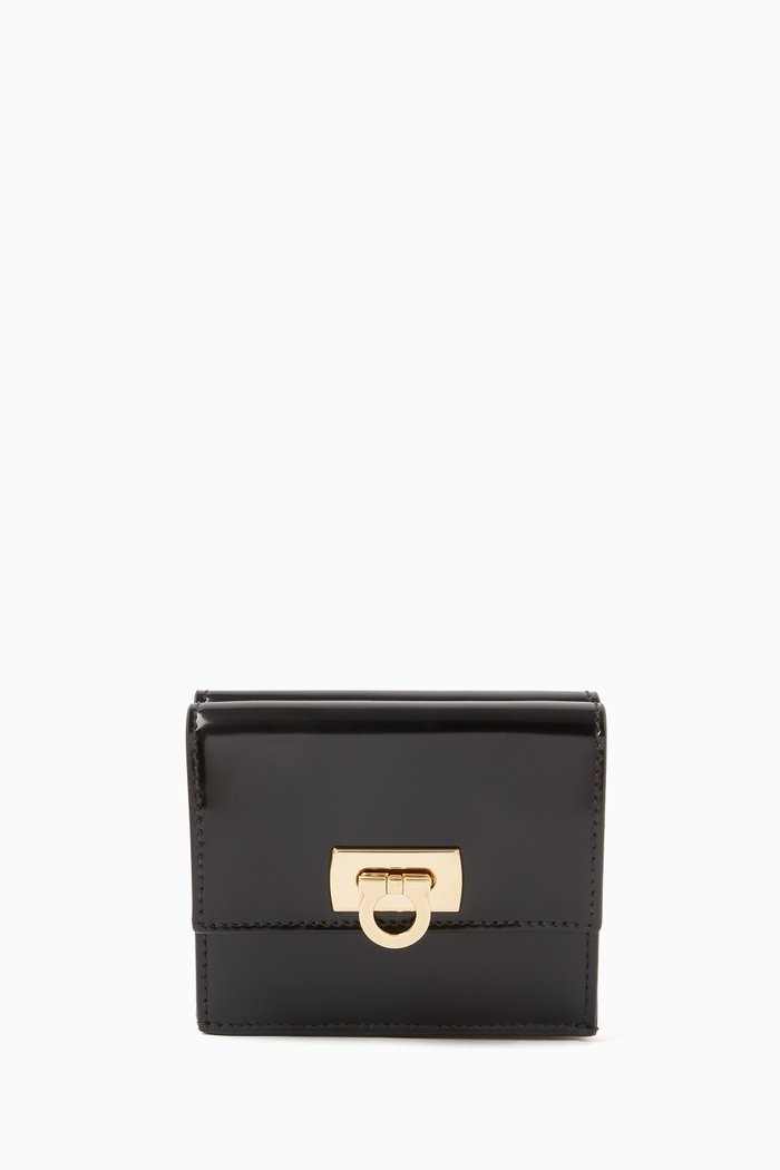 

Gancini Compact Wallet in Shiny Leather, Black