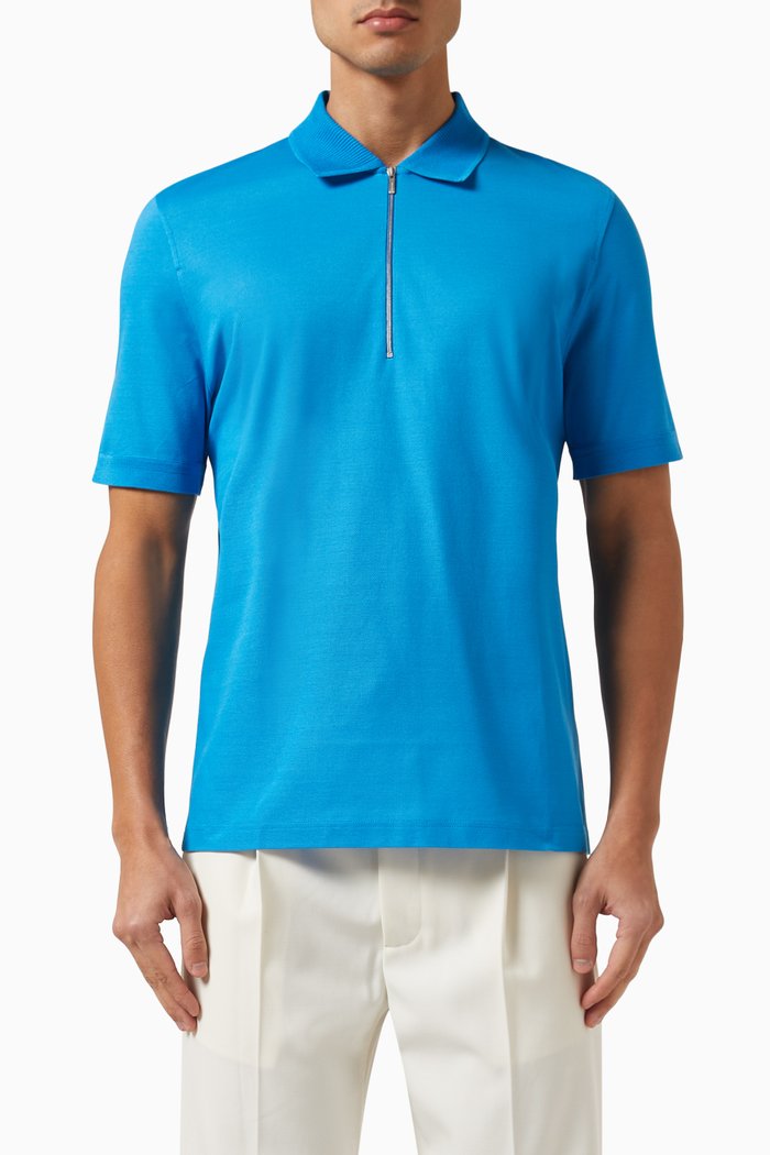 

Zip-up Polo Shirt in Cotton Piqué, Blue