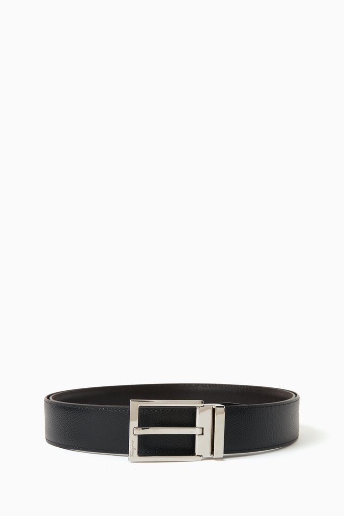 

Rectangular Buckle Reversible Belt in Stamped Leather, Black