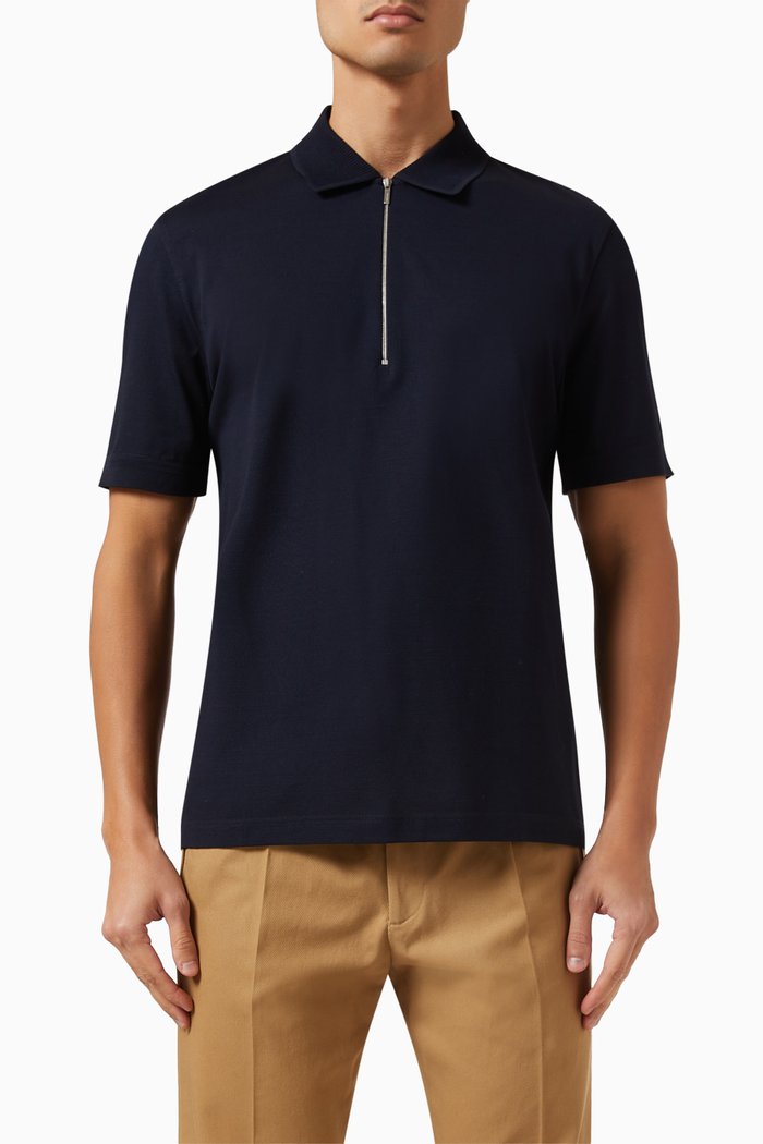 

Zip-up Polo Shirt in Cotton Piqué, Blue