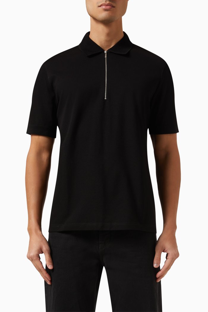 Zip-up Polo Shirt in Cotton Piqué, Black