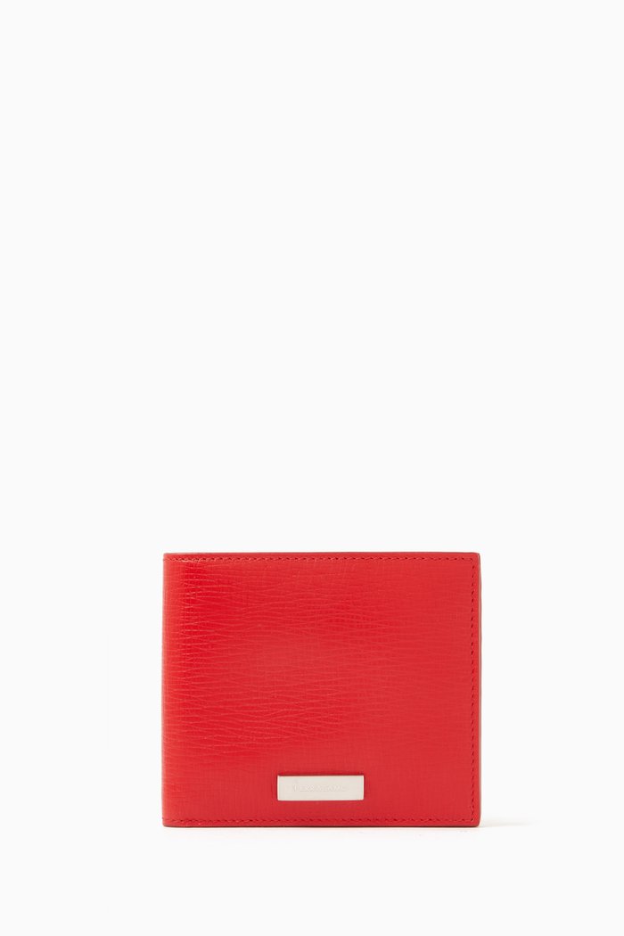 

Logo-plaque Bi-fold Wallet in Calfskin Leather, Red