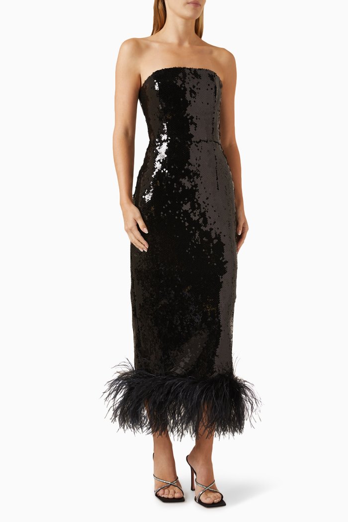

Minelli Feather-trim Strapless Maxi Dress in Sequins, Black