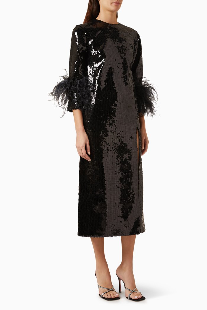 

Billie Feather-trimmed Midi Dress in Sequin, Black