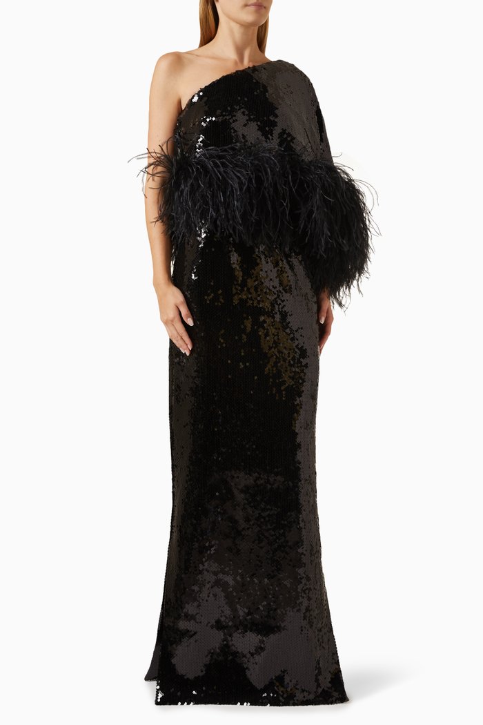 

Alder Feather-trim One-shoulder Maxi Dress in Sequins, Black
