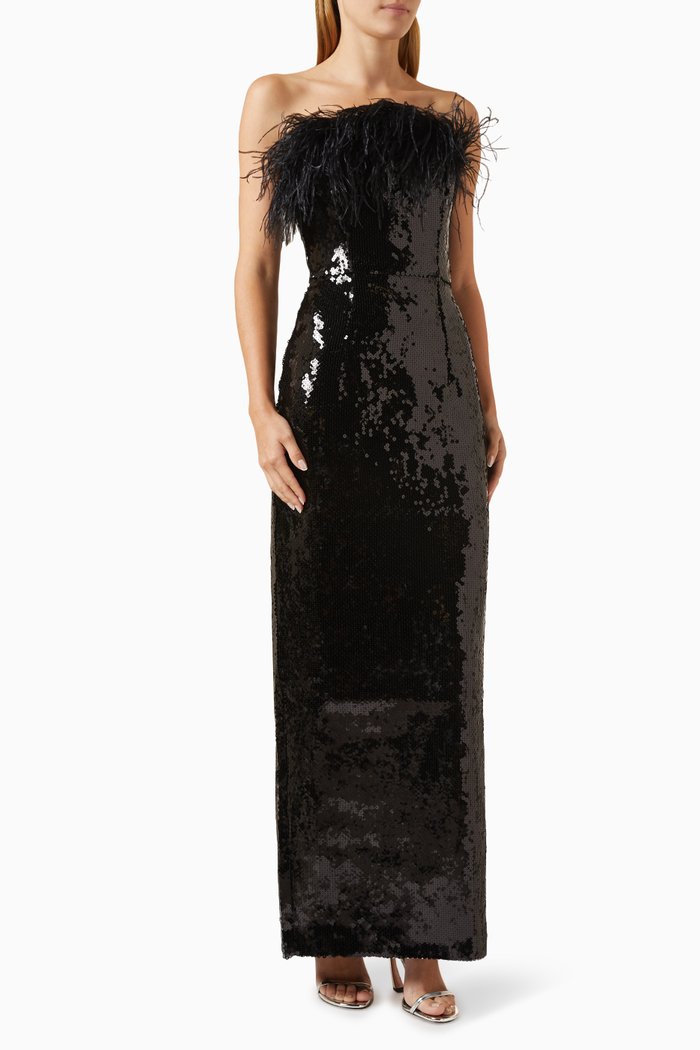 Samare Feather-trim Strapless Maxi Dress in Sequins, Black
