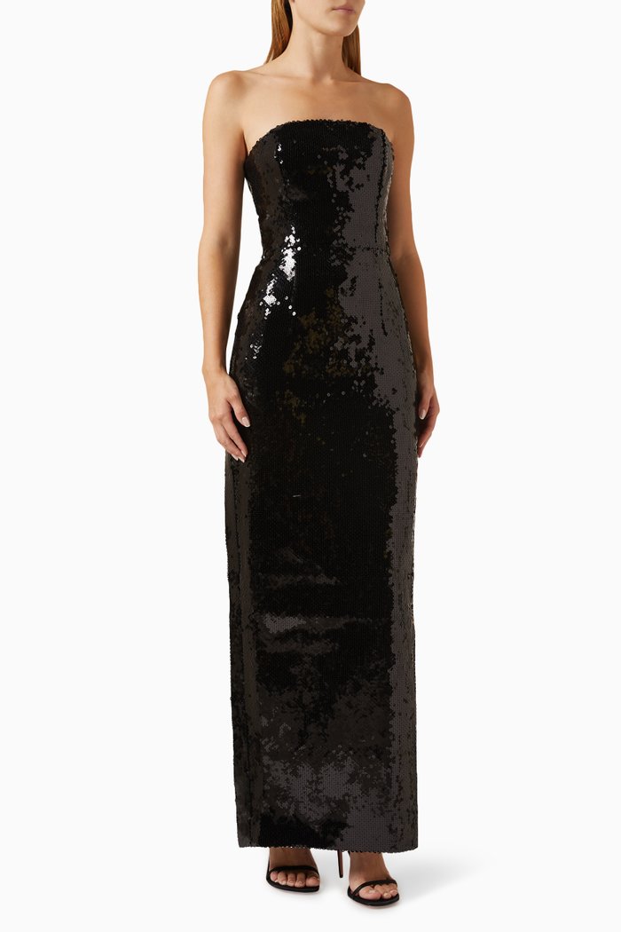 Samare Feather-trim Strapless Maxi Dress in Sequins, Black