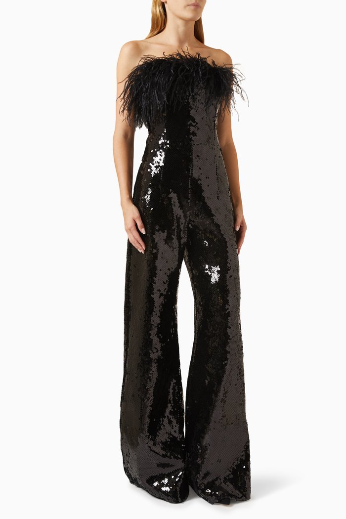 

Taree Feather-trim Strapless Jumpsuit in Sequins, Black