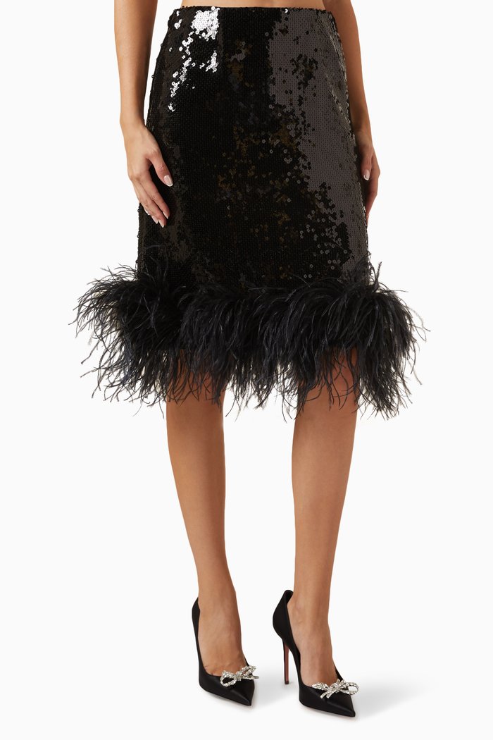 

Wile Feather-trim Midi Skirt in Sequins, Black