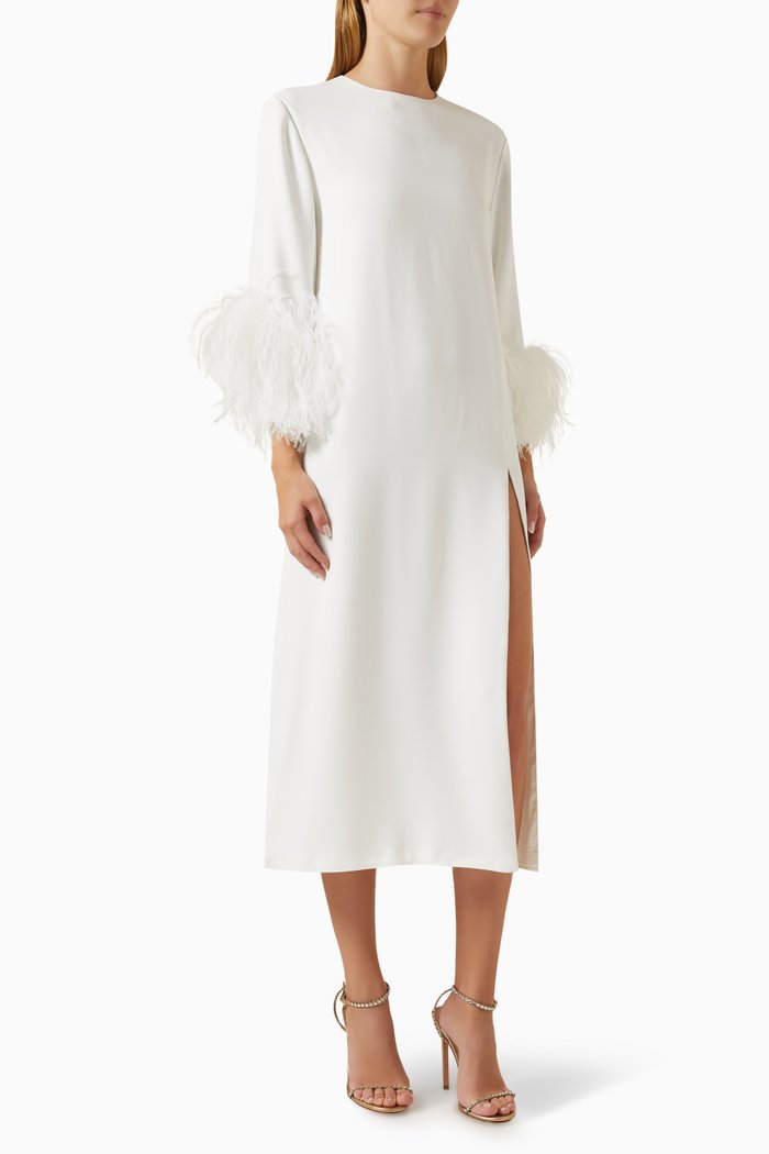 Billie Feather-trim Slit Midi Dress in Chiffon, White