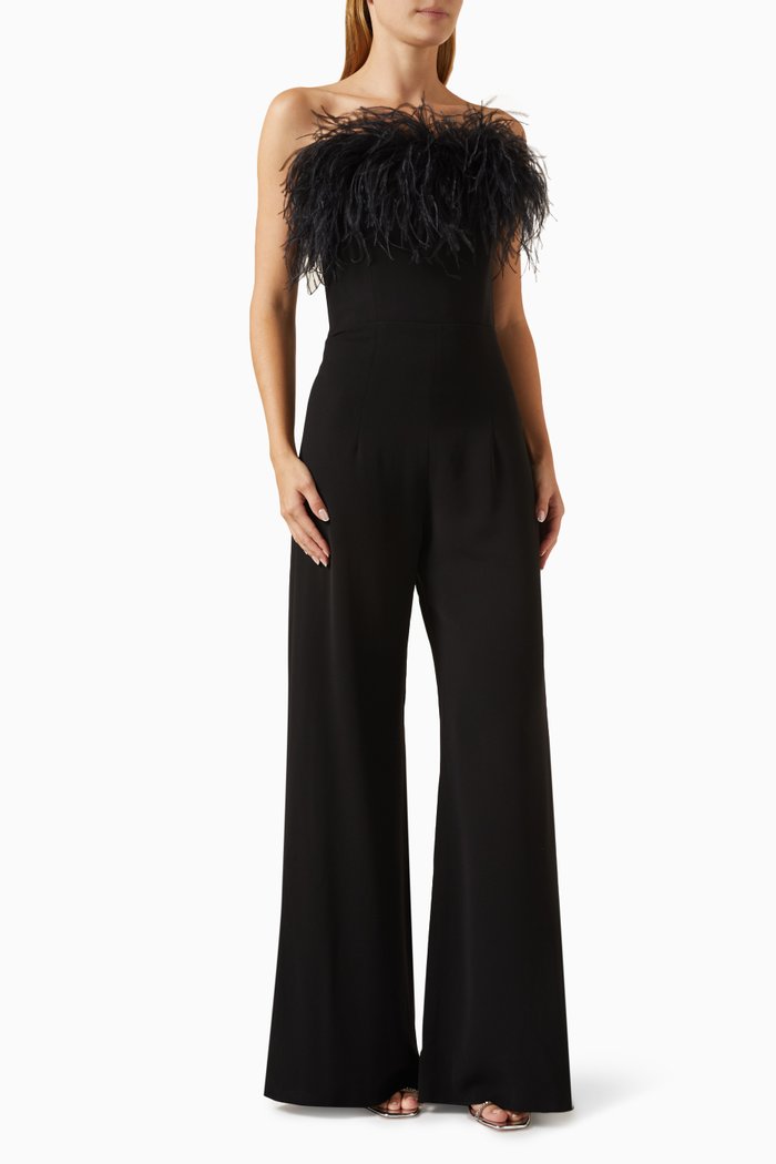 

Taree Feather-trim Strapless Jumpsuit in Crepe, Black