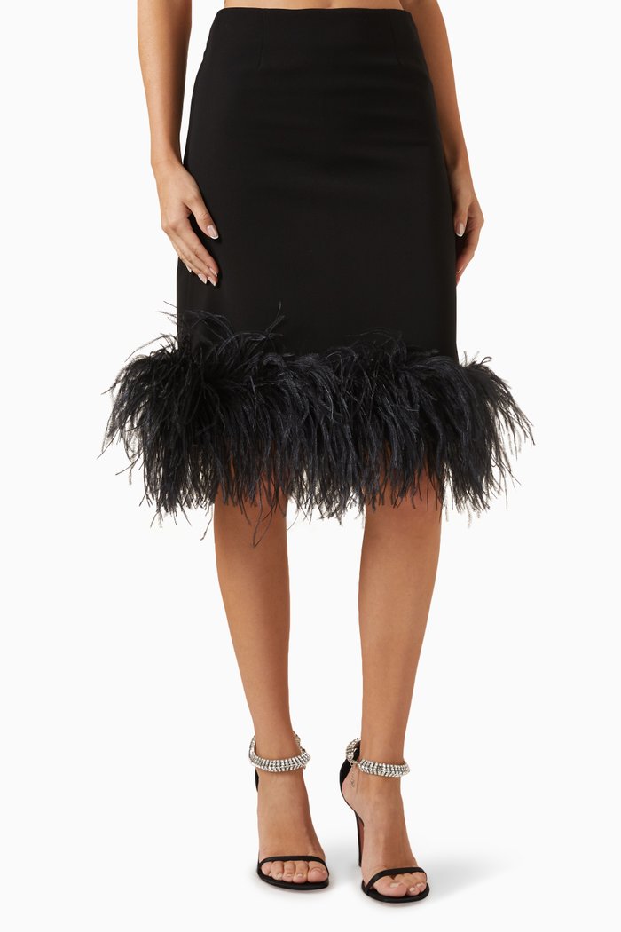 Wile Feather-trim Midi Skirt in Crepe, Black