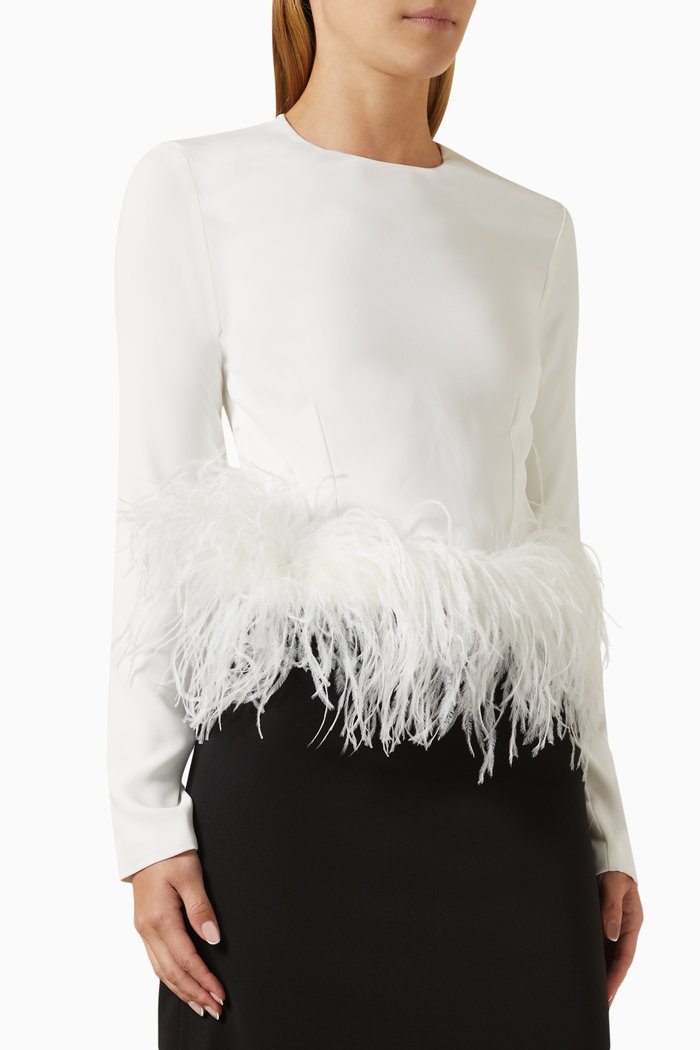 Esma Feather-trim Top in Crepe, White