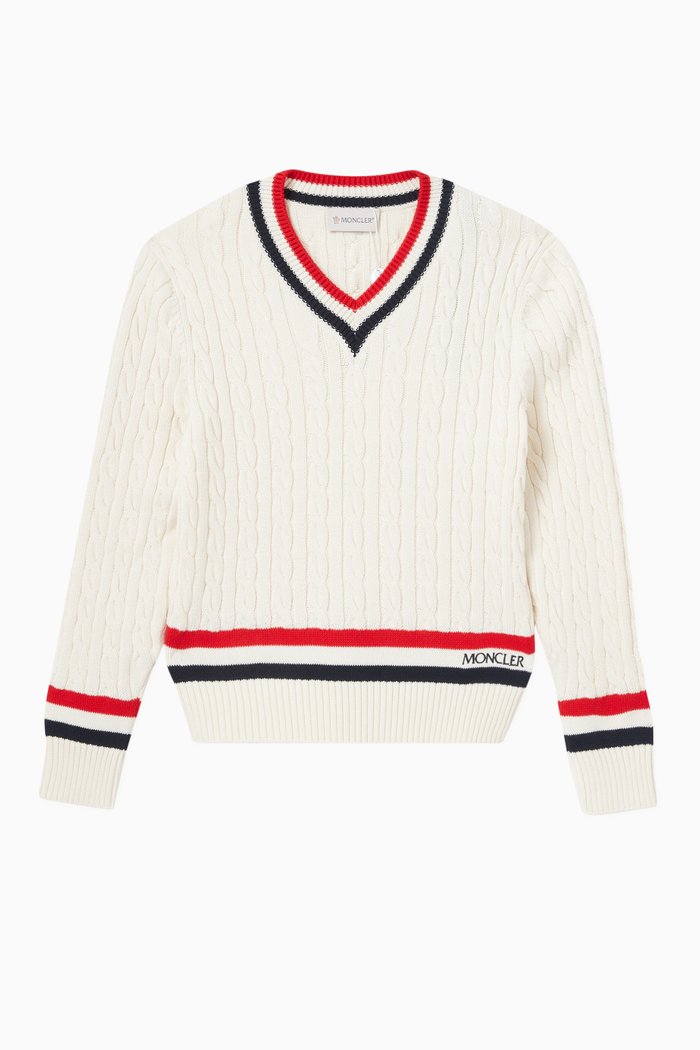 

Tricolour Striped V-neck Sweater in Cotton Knit, Neutral