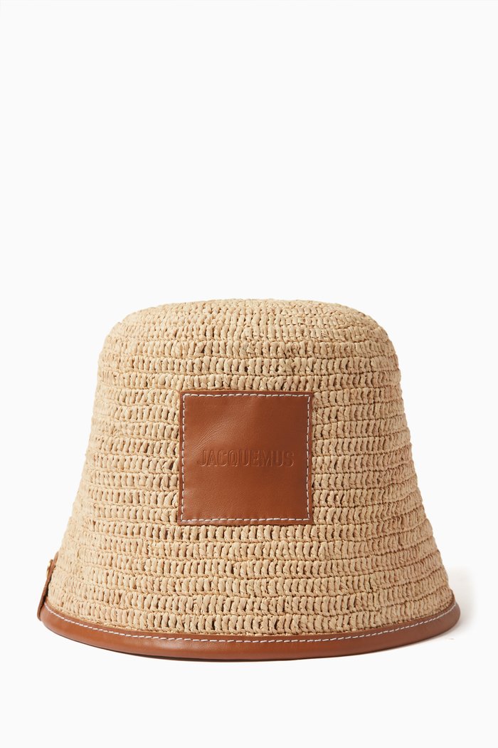 

Le Bob Soli Bucket Hat in Raffia & Leather, Brown