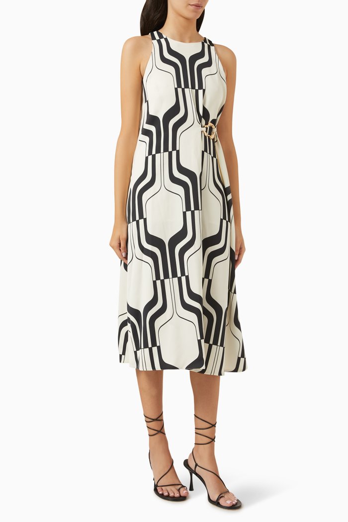 

Scorza Printed Midi Dress in Crepe & Satin, Black