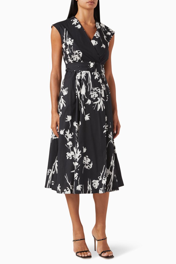 

Taxi Floral Wrap Midi Dress in Cotton, Black