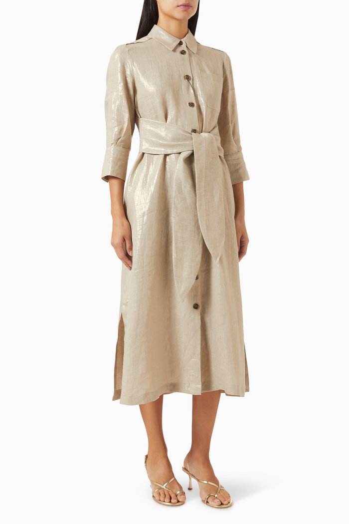 Balia Midi Shirt Dress in Laminated Linen, Neutral