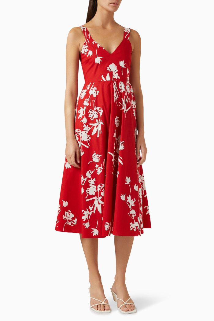 

Tenore Floral-print Midi Dress in Stretch Cotton Poplin, Red