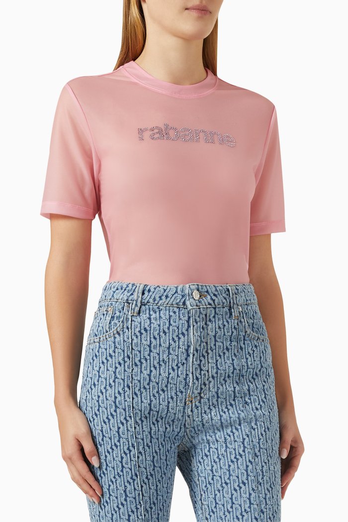 

Embellished Logo T-shirt in Stretch Nylon, Pink