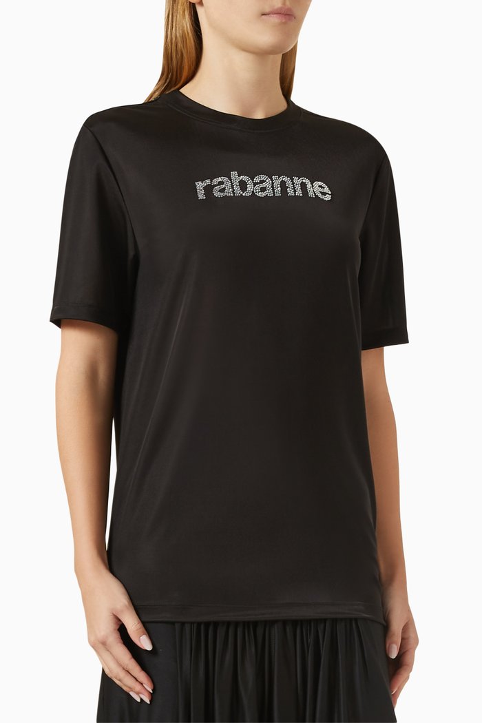 

Embellished Logo T-shirt in Stretch Nylon, Black