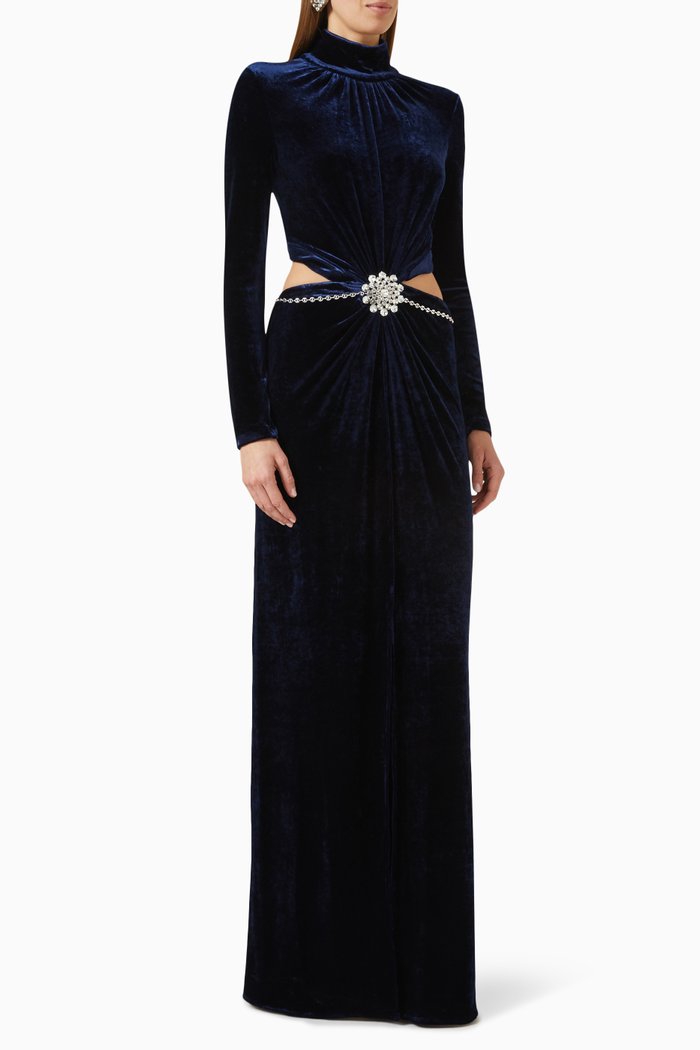 

Jeweled-Belt Maxi Dress in Velvet, Blue