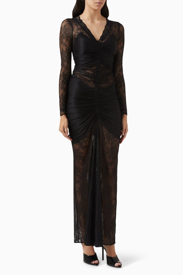 

Ruched Maxi Dress in Lace, Black