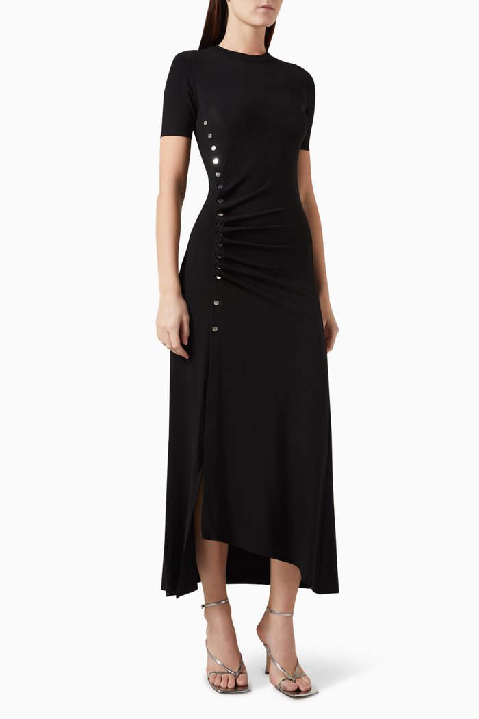 

Pleated Asymmetrical Dress in Stretch Jersey, Black