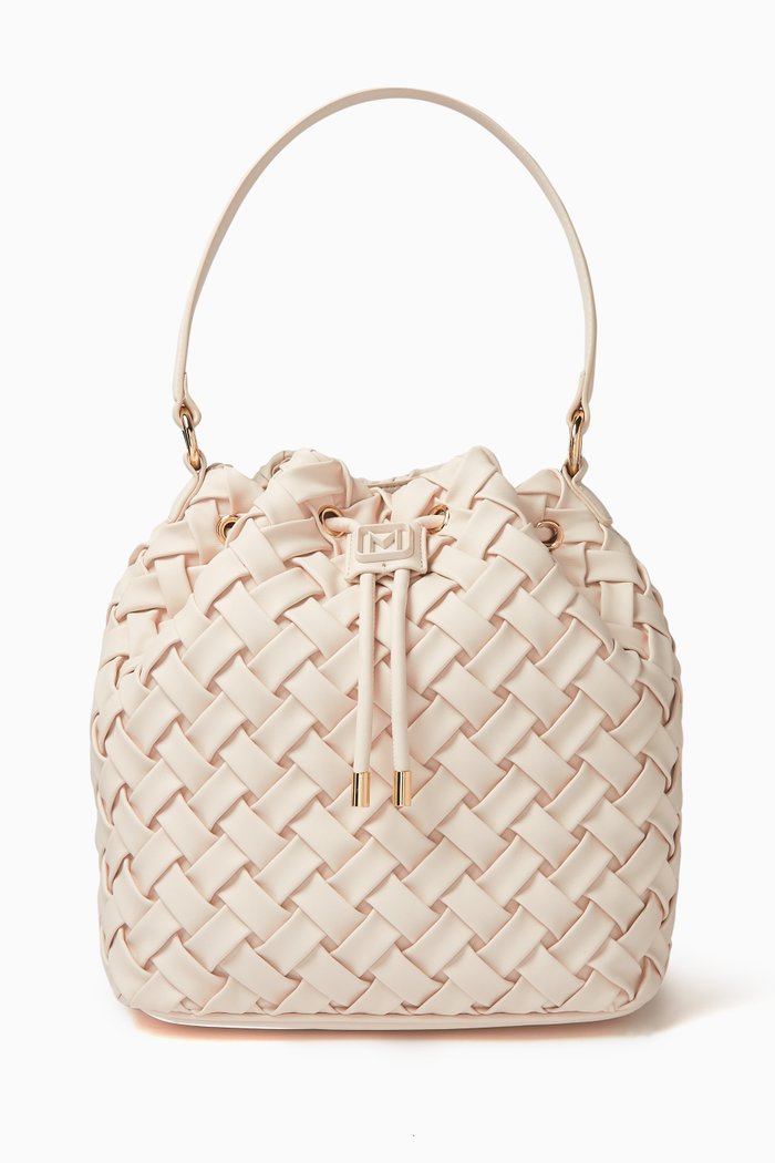 

Woven Bucket Bag in Faux Leather, White