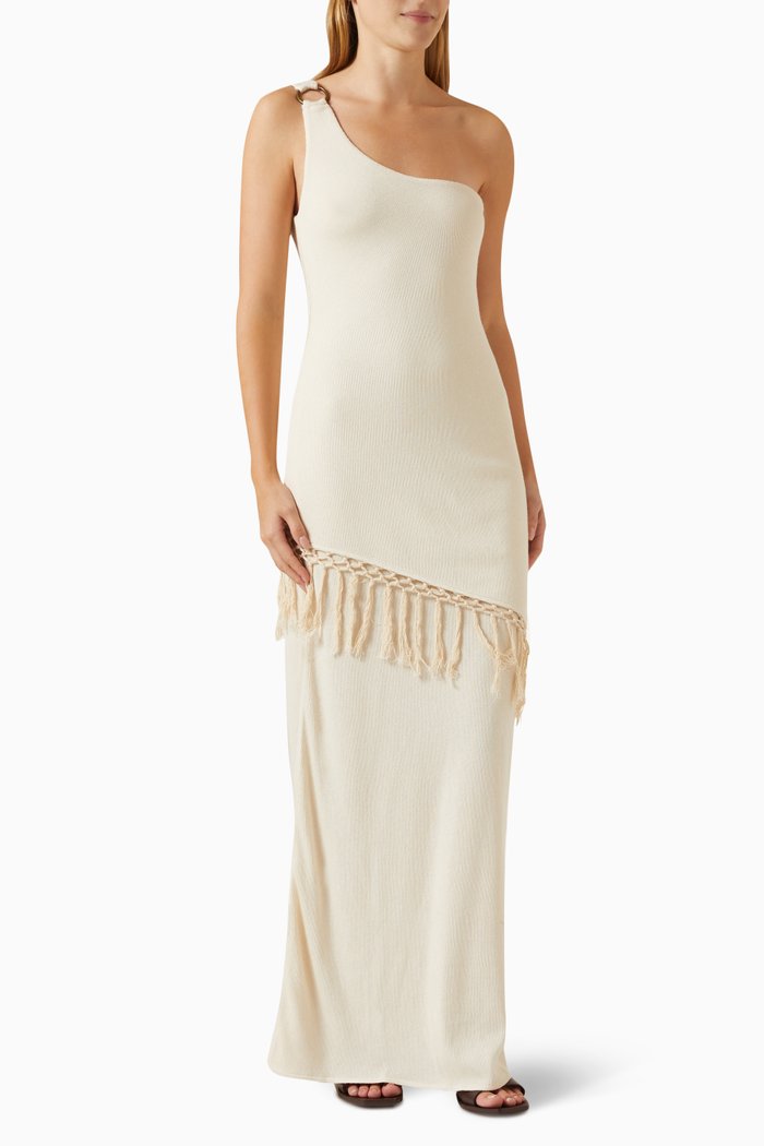 

Saanj One-shoulder Tassel Dress in Organic Cotton, Neutral