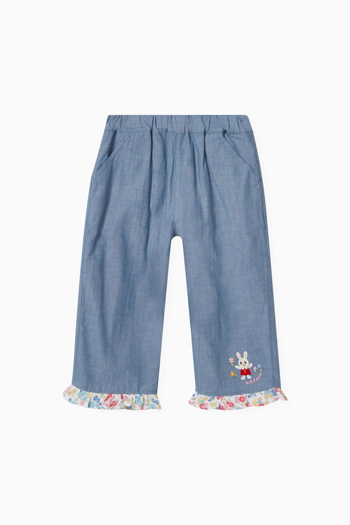 Floral Patch Pants in Cotton, Blue