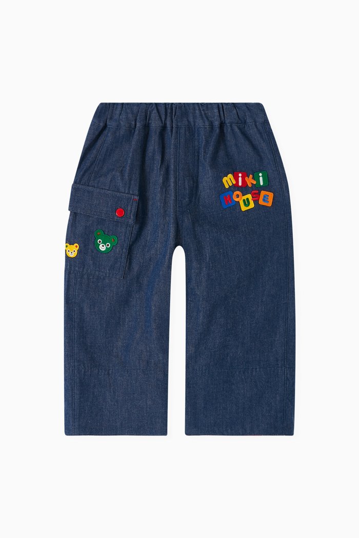 

Bear Embroidered Pants in Cotton, Blue
