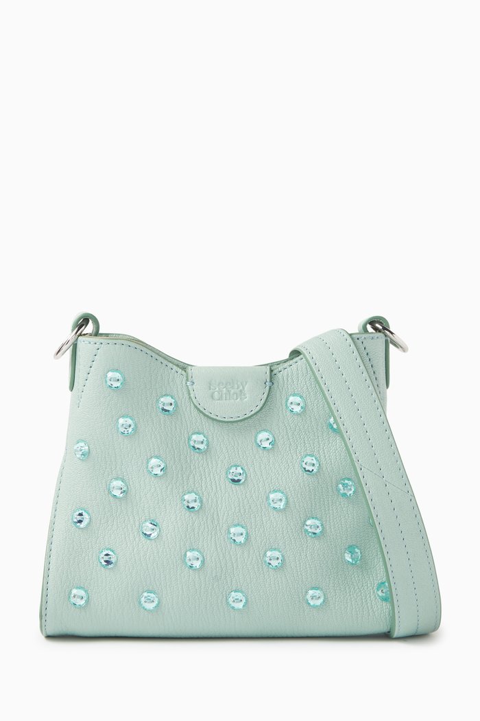 

Mini Joan Embellished Top Handle Bag in Leather, Blue