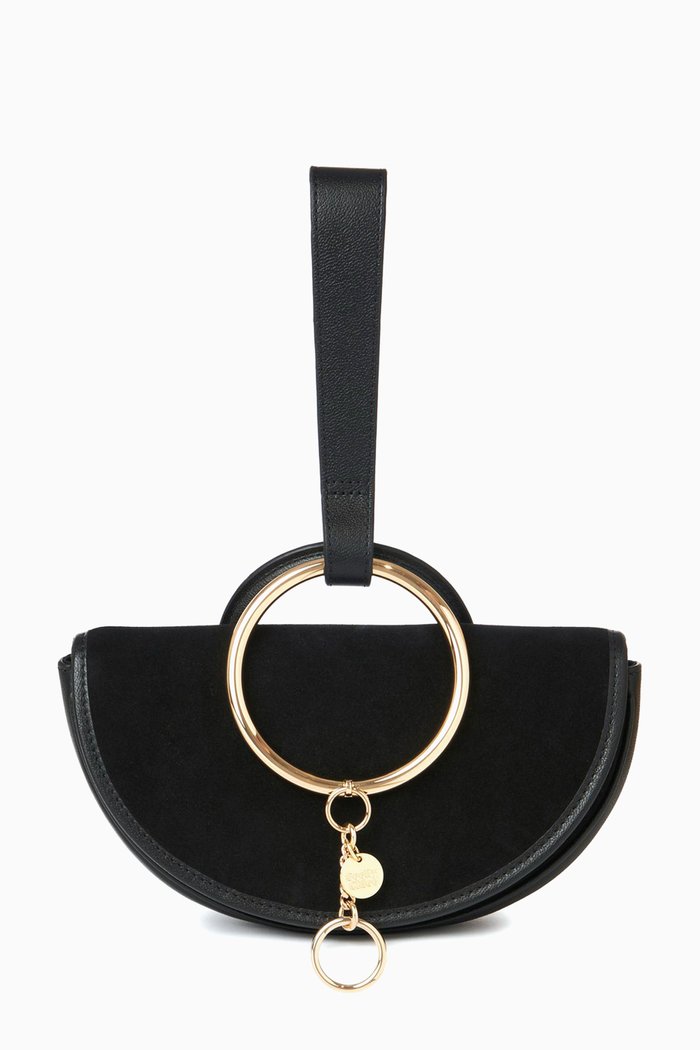 

Mara Half Moon Bag in Leather & Suede, Black