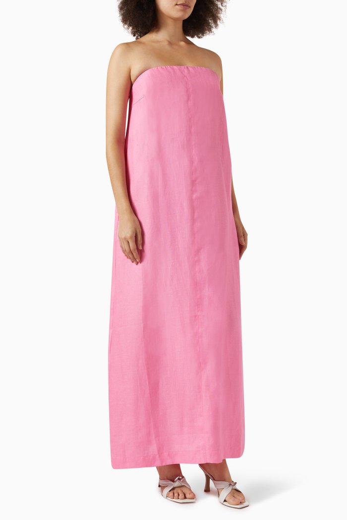 Delphi Strapless Maxi Dress in Organic Linen, Pink