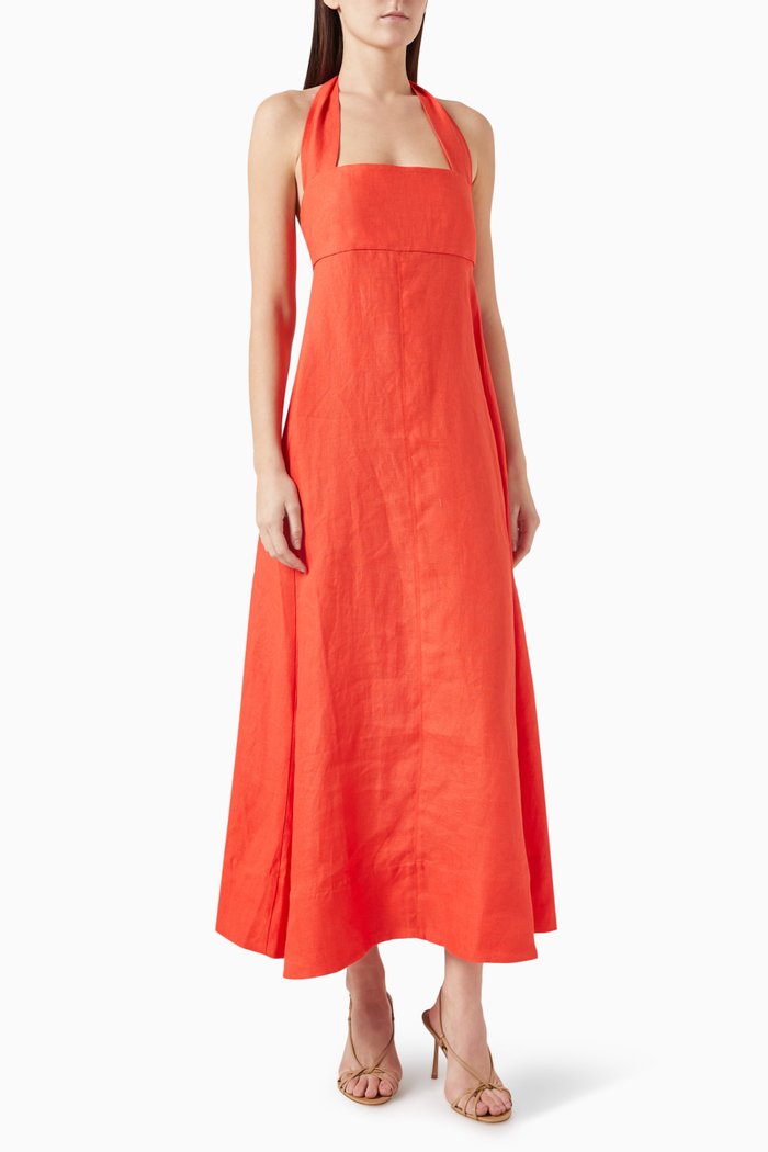 Delphi Halterneck Maxi Dress in Linen, Red