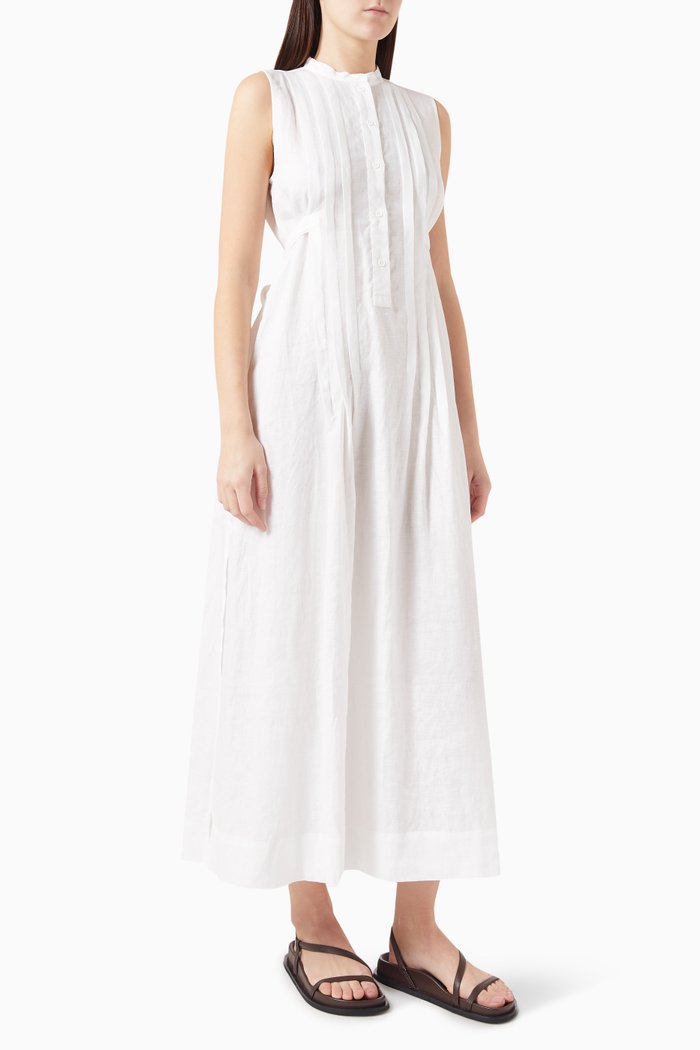 

Lucca Pleated Maxi Dress in Linen, White